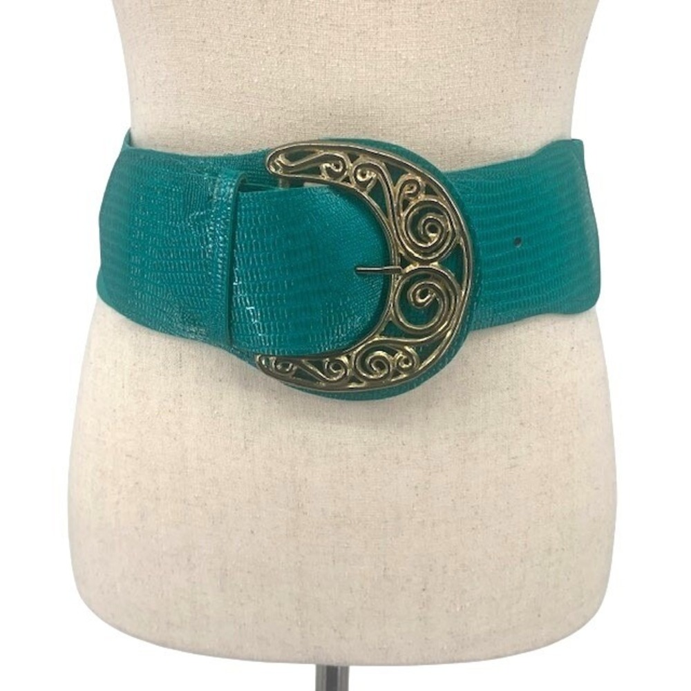 Vintage 80s Turquoise Wide Belt Ornate Gold Buckle Western Boho Southwestern